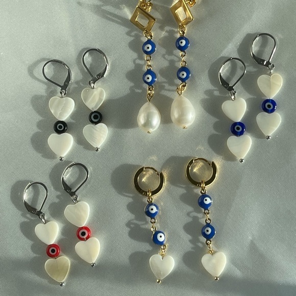 Evil eye heart shell pearl stainless steel silver pearl earrings - Picture 3 of 4